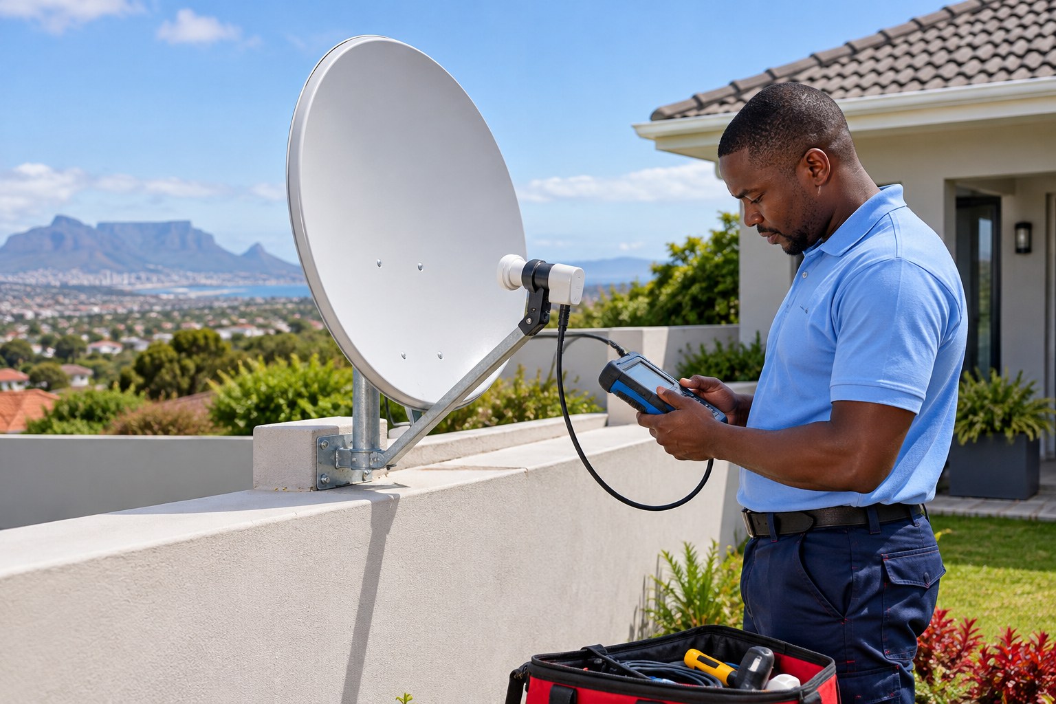 Illustrative technician testing satellite reception