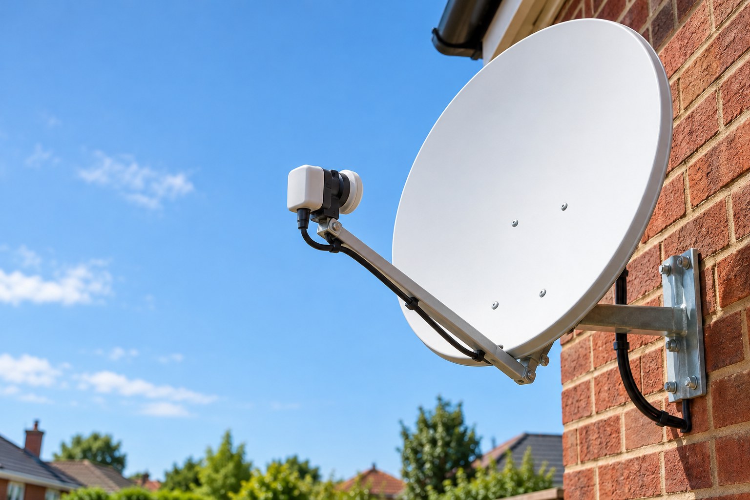 Illustrative satellite dish mounted on a house