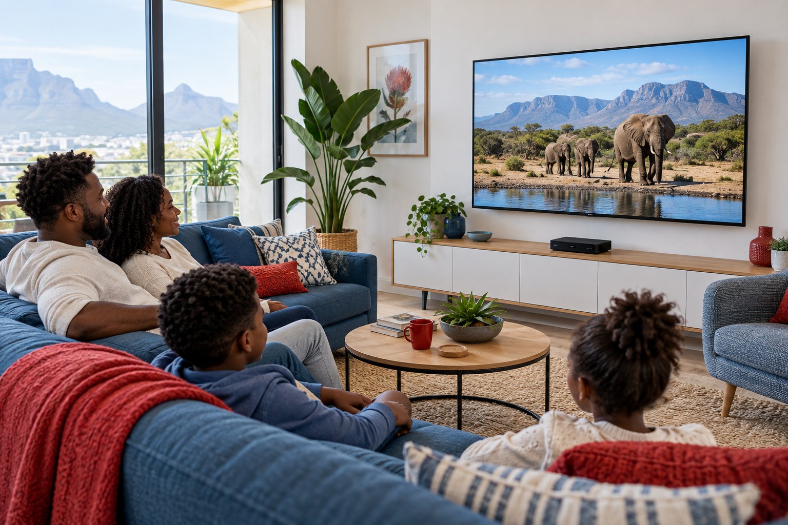Illustrative television and decoder in a living room