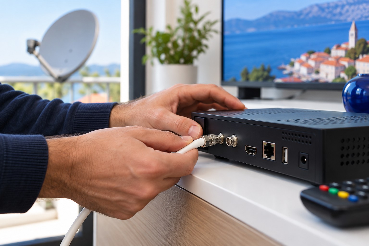 Illustrative hands connecting a satellite decoder