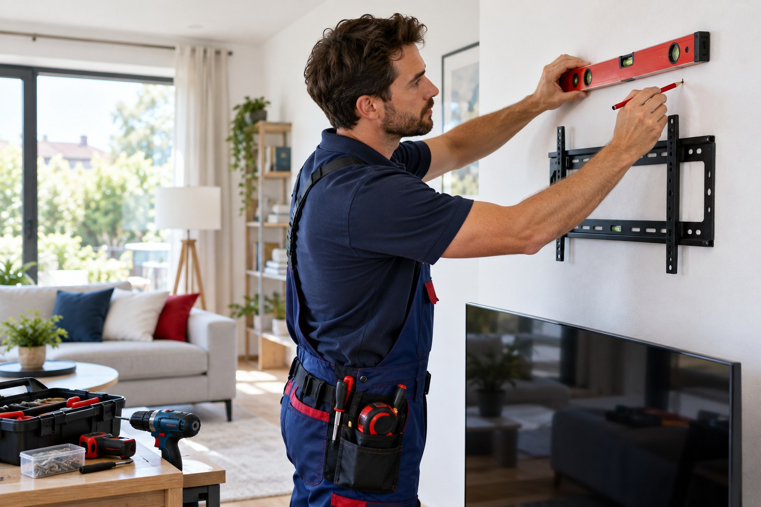 Illustrative technician preparing a television wall bracket
